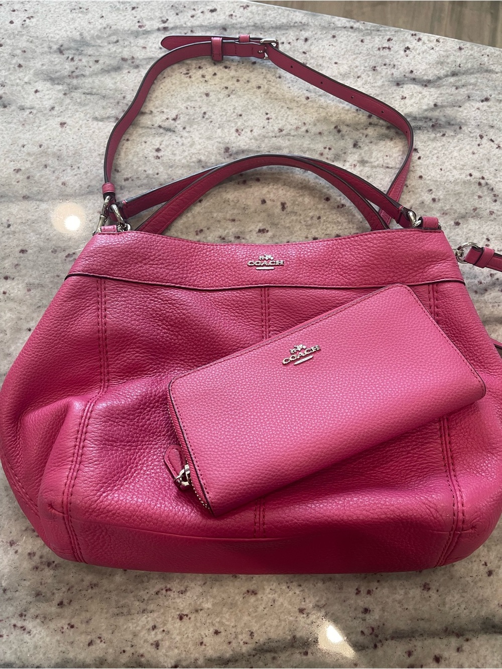 COACH Pebbled Leather Shoulder Bag and matching wallet in Fuchsia Pink